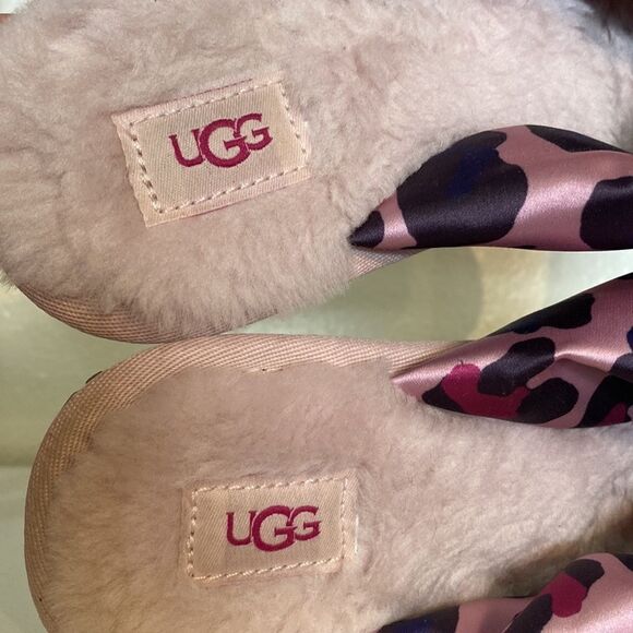 UGG Pink Satin Leopard Bow Slippers Womens Cozy Y2K Soft Girl Loungewear Girly - Picture 8 of 10